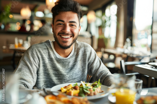 A cheerful Latina man savors his breakfast at the hotel, making eye contact with the camera with a joyful expression while enjoying his meal. photo
