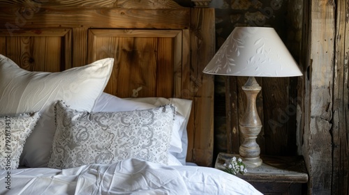 Close up of rustic bedside table lamp near bed with wood headboard. Interior design of modern bedroom.