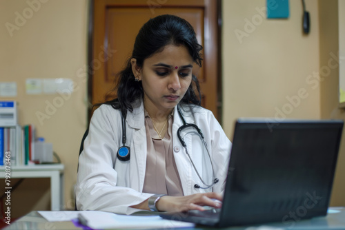 A committed Indian female therapist sits at her desk, engrossed in her laptop, meticulously preparing treatment plans