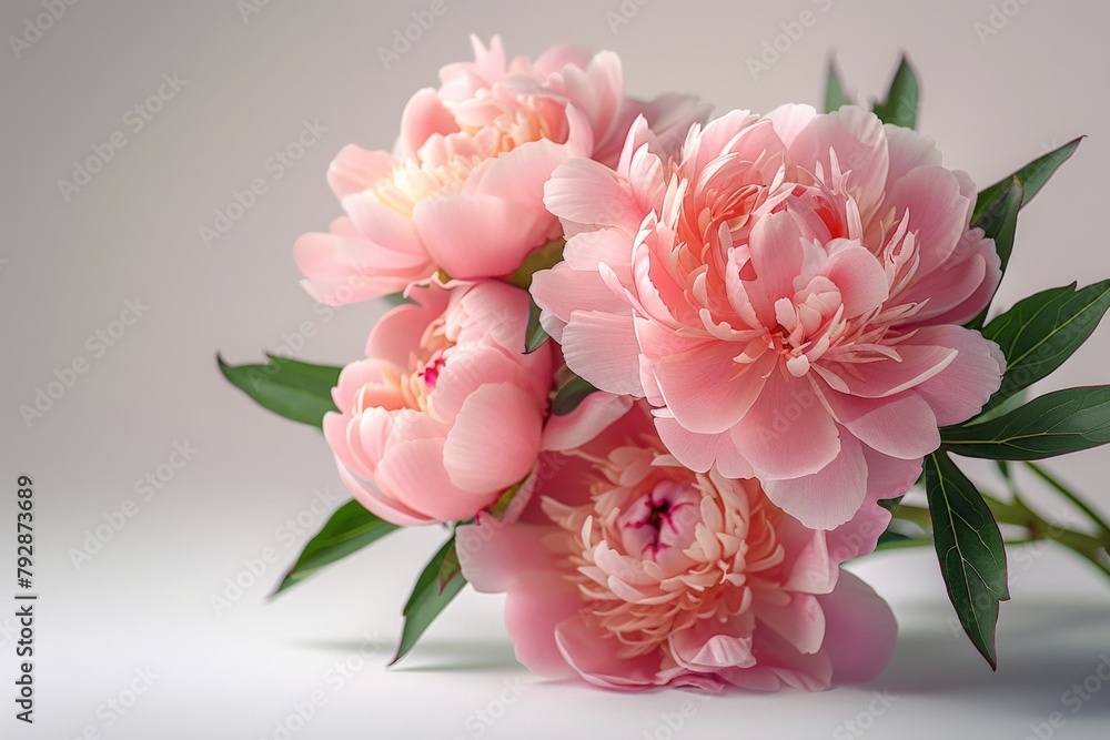 ultra realistic foto of a bouquet of pink peonies, with delicate petals and green leaves arranged in an elegant blured light background