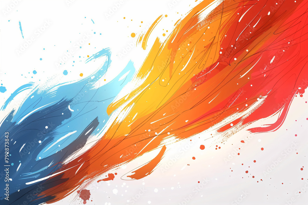 Abstract paint splash with blue and orange strokes on white background. Dynamic brush stroke wallpaper. Artistic concept for design, poster, and creative projects