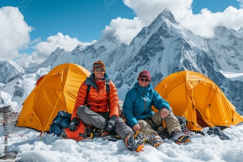 Two mountaineers at their tent camp in the high mountains photo