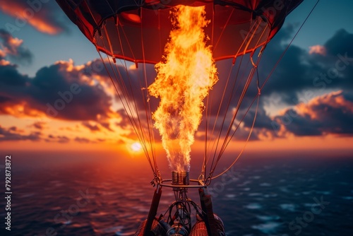 Close up of the flame of a hot air balloon in full flight with beautiful sunset