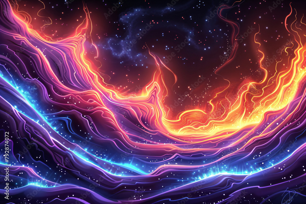 Vibrant abstract wave pattern with neon pink and blue lines on dark space background. Futuristic fluid art wallpaper. Energy flow concept suitable for banner and graphic design - obrazy, fototapety, plakaty 