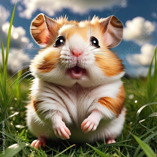 Grassy Meadow Friends: Country pig and hamster, small furry mammals, enjoy nature in the grass White and brown, cute and fluffy, they're pets photo