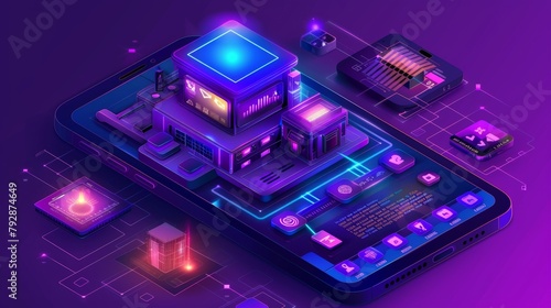 Modern illustration of a smart home isometric. Control center for surveillance and home monitoring, mobile phone screen with purple house icon and ultraviolet website URL. photo