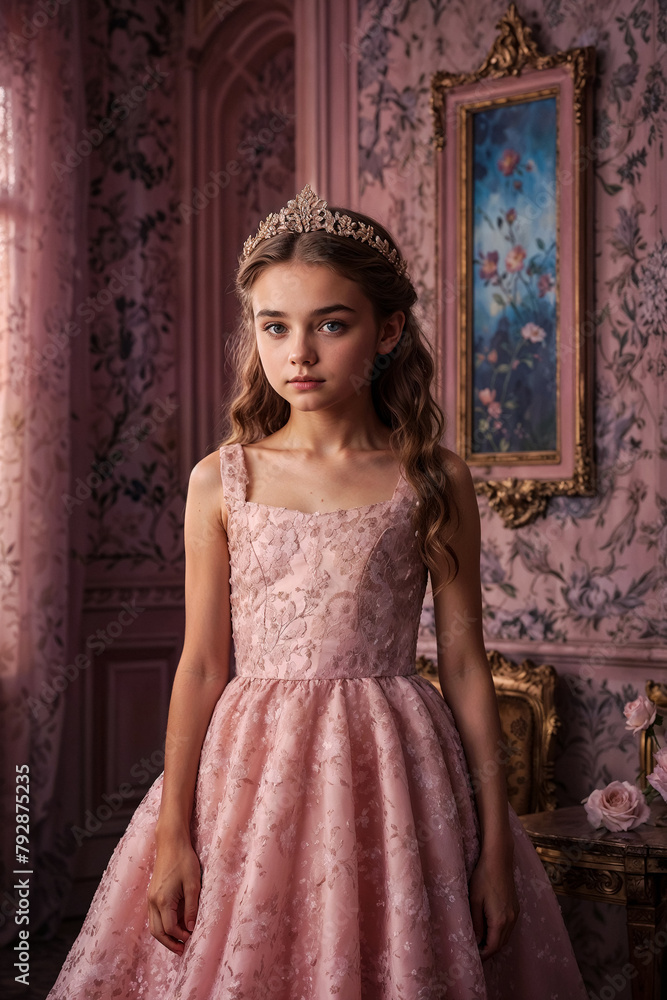 Portrait teenager stylish girl in light pink dress posing in mystery decorated room. Fashionable teen princess looking at camera indoors. Fantasy art photo, fairy tale concept. Copy space