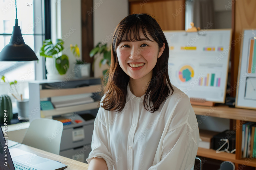 A determined Japanese startup leader girl stands at her home workplace table, surrounded by marketing financial reports and a laptop computer. With a toothy smile, she poses for the camera A determined Japanese startup leader girl stands at her home workplace table, surrounded by marketing financial reports and a laptop computer. With a toothy smile, she poses for the camera