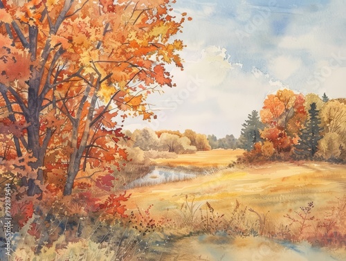 An autumnal scene rendered in watercolor, with a tapestry of fall colors burnt oranges, muted reds, and golden yellows scattered across a lazy countryside