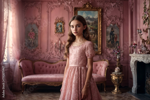 Portrait teenager stylish girl in light pink dress posing in mystery decorated room. Fashionable teen princess looking at camera indoors. Fantasy art photo, fairy tale concept. Copy space