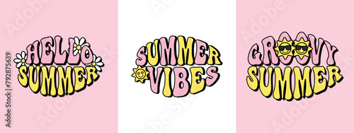 groovy summer lettering set, pink and yellow groovy aesthetic poster design, hippie lettering, retro style t shirt graphics, vector illustration