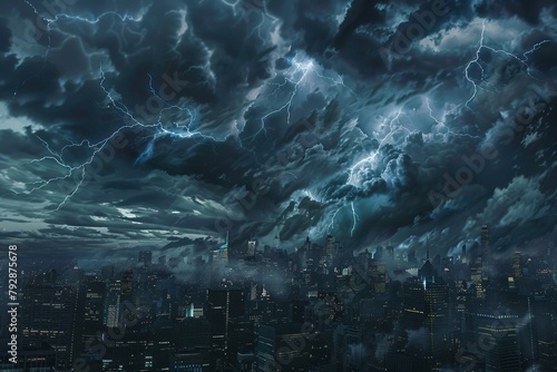 Thunderstorm over the city skyline photo