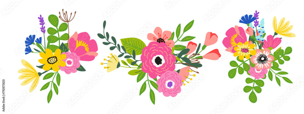 Hand drawn colorful vector floral elements in flat color. Set of spring and summer wild flowers, plants, branches, leaves and herb. 