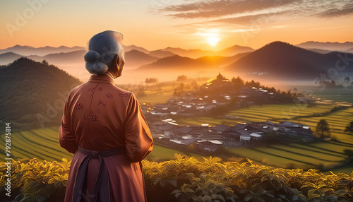 Tranquil Serenity: Captivating Sunset View with a Woman in a Red Kimono Contemplating the Serene Cityscape, Perfect for Inspiring and Calming Atmospheres