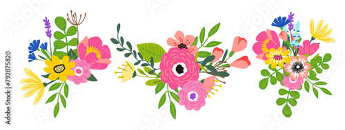 Hand drawn colorful vector floral elements in flat color. Set of spring and summer wild flowers  plants  branches  leaves and herb. 