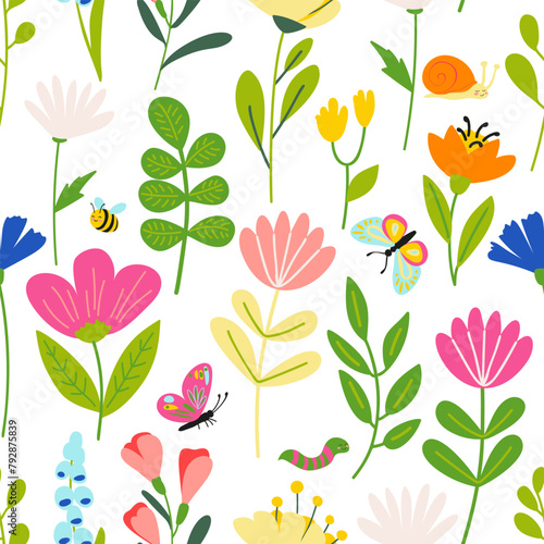 Seamless pattern, Hand drawn colorful vector floral elements in flat color. Set of spring and summer wild flowers, plants, branches, leaves and herb. 