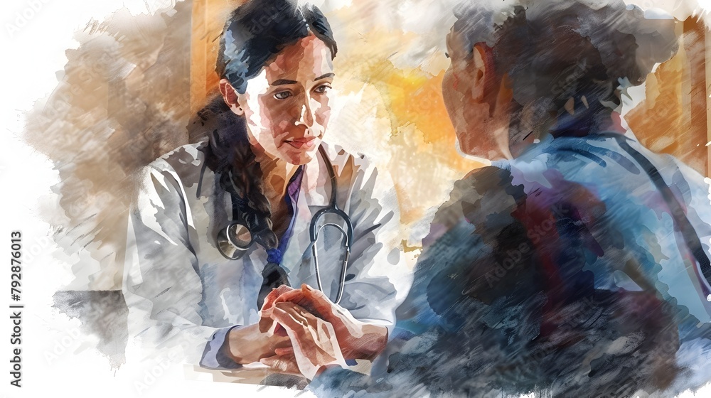 Fototapeta premium Female Doctor Listens Intently to Distressed Patient in Cozy Clinical Setting
