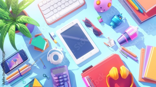 Student desk top view, teenagers home workstation with studying stationery, tablet with computer game, textbooks, smartphone with headset, potted plant and calculator. Cartoon modern illustration.
