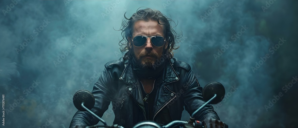 Naklejka premium Portrait of a male biker epitomizing freedom, adventure, and rebellious spirit. Concept Portrait Photography, Male Biker, Freedom, Adventure, Rebellious Spirit