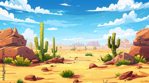 Natural background of tumbleweed rolling along a hot, dry desert in Africa with yellow sand, green cacti, rocks under blue skies with light clouds.