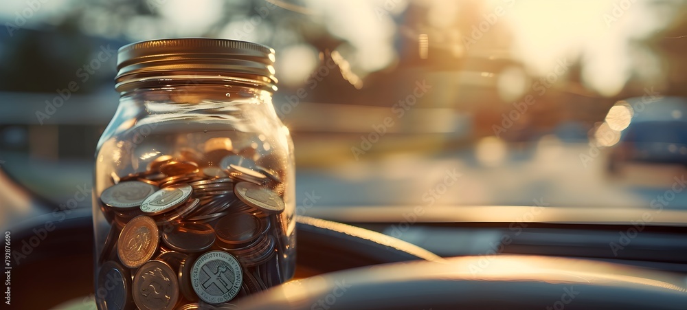 Obraz premium Shiny Coins in a Glass Jar Nestled on a Car s Dashboard Highlighting the Financial Concept of Saving and Investing