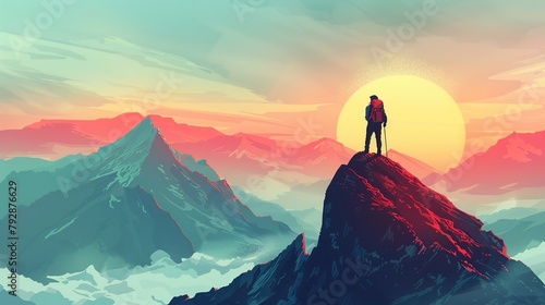 Climber with backpack standing on top of mountain illustration, epic scene photo