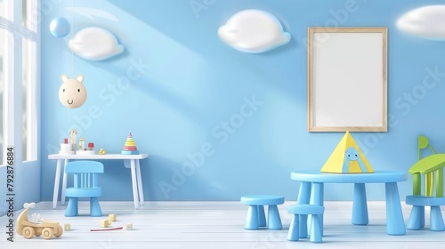 Modern realistic set of furniture for kids room or kindergarten, blue desk with pyramid toy isolated on transparent background with white poster.