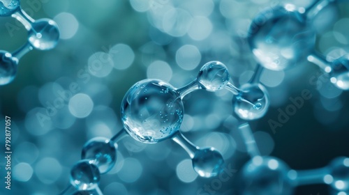 molecule model has blurry background with several blue drops