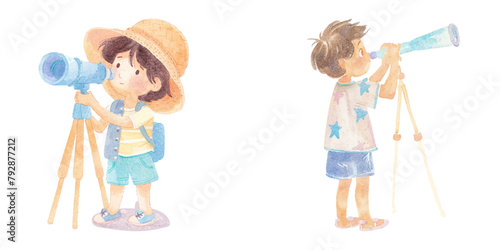 kid use telescope watercolor vector illustration