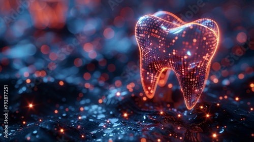 3D render of tooth icon on digital background, AI generative technology concept.