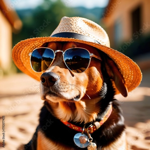 Cool summer vibes, dog wearing sunglasses and straw hat © Kheng Guan Toh