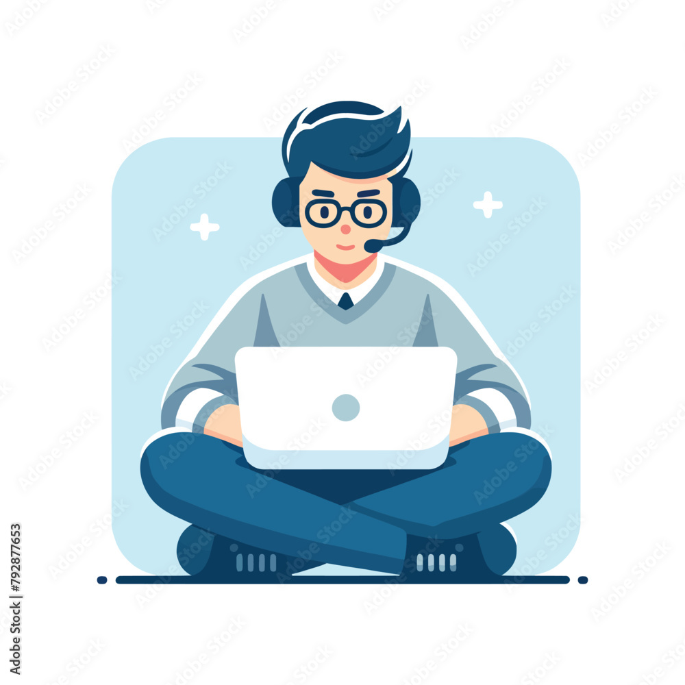 illustration of a young man sitting with a laptop and wearing a headphone and glasses illustration of a young man sitting with a laptop and wearing a headphone and glasses