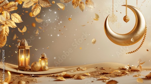 Ramadan poster in Beige adorned with crescent moons, golden leaves, lanterns, rosaries, and decorations scattered all over. The text in calligraphy reads: Eid Mubarak.