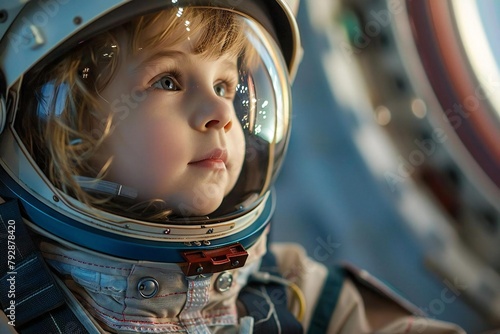 Group of cute children in astronaut suits explore universe
