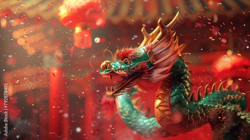 An elegant dragon on a festive red background accented by mists, confetti, lanterns, and traditional buildings. Text: Dragons bring prosperity.
