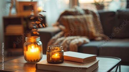 Home interior decor: vase and candle in jar on coffee table with books and frame, near sofa. Living room decoration