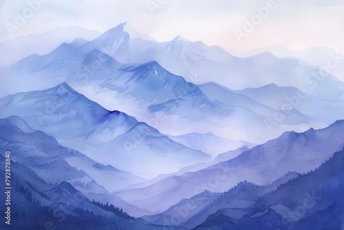 The subtle gradations of a mountain range in watercolor  where pale blues and soft purples suggest distant peaks shrouded by thin mists