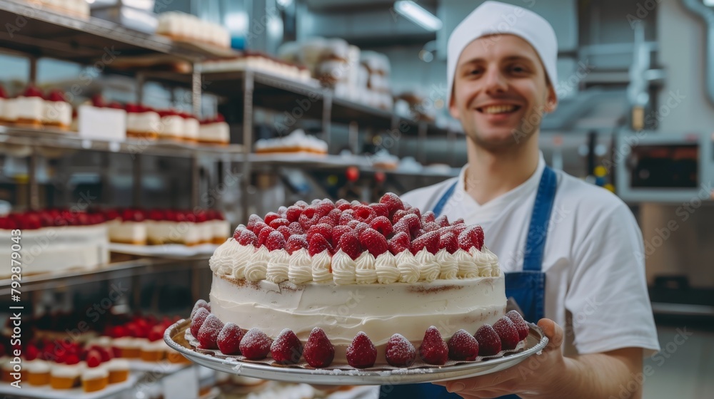 Cake employee standing in middle of cake factory holding a huge delicious cake in his hands. Cake production line in background. The employee is joyful and optimistic Cake employee standing in middle of cake factory holding a huge delicious cake in his hands. Cake production line in background. The employee is joyful and optimistic