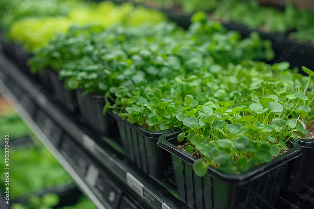 Vibrant display of green microgreens in sleek black containers on supermarket shelves. Selective focus. Copy space.. Vibrant display of green microgreens in sleek black containers on supermarket shelves. Selective focus. Copy space..