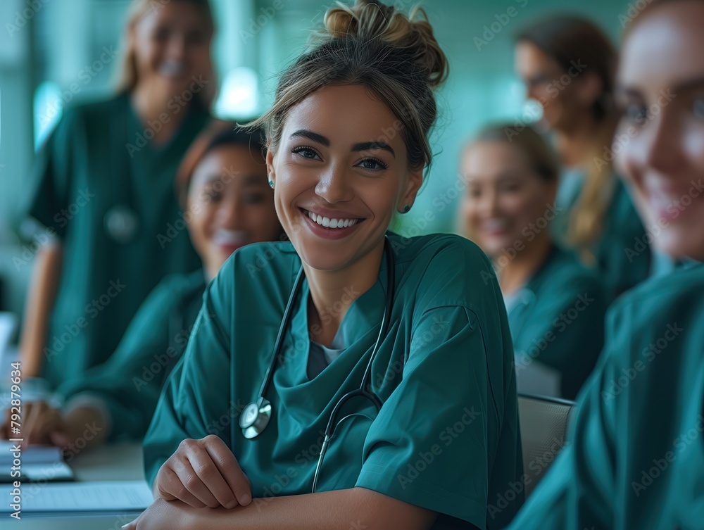 Group of Women in Scrubs Sitting at a Table Group of Women in Scrubs Sitting at a Table