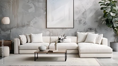 video one photo frame in modern living room with white sofa