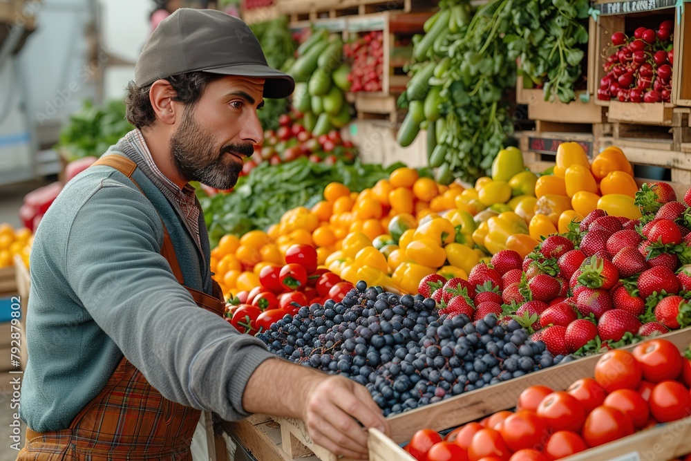 A truck driver assisting with the loading of their trailer with fresh produce at a vibrant farmers' market A truck driver assisting with the loading of their trailer with fresh produce at a vibrant farmers' market