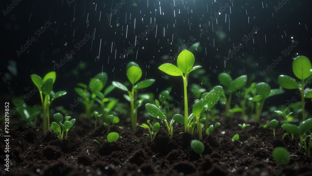 green seedlings growing in a dark soil with water droplets falling - obrazy, fototapety, plakaty 
