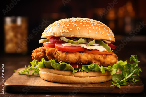 Classic chicken burger, side cut view on table, warm light, closeup