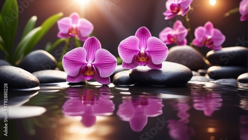 Composition with spa stones, orchid pink flower on water reflect