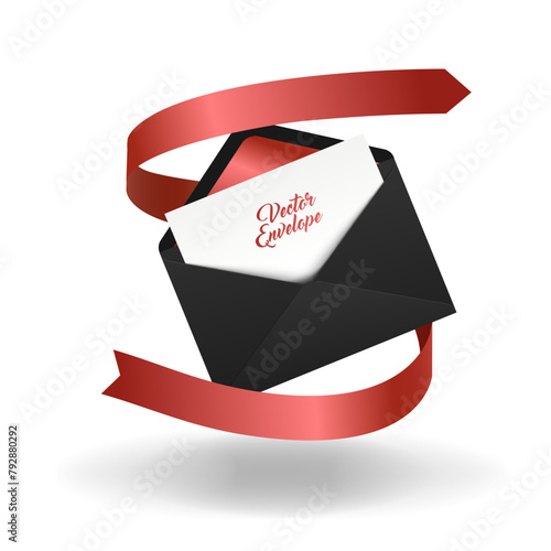 Vector envelope. Open black envelope with invitation card and red ribbon. Marriage invitation card design. Realistic backpack envelope.