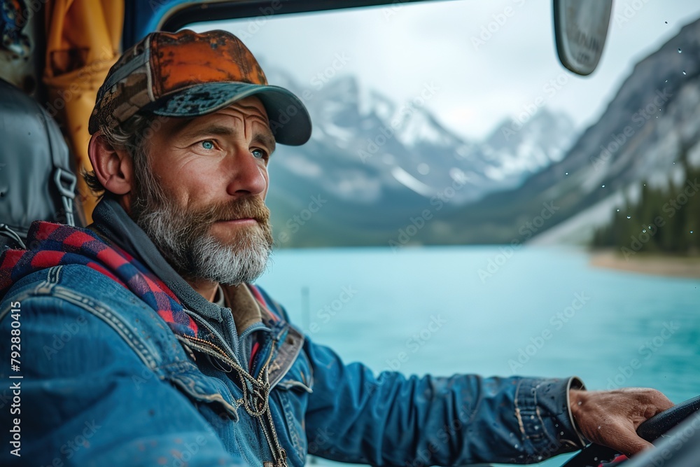 A trucker enjoying a moment of solitude in their cab, parked near a serene lake, with the gentle lapping of water against the shore as the backdrop A trucker enjoying a moment of solitude in their cab, parked near a serene lake, with the gentle lapping of water against the shore as the backdrop