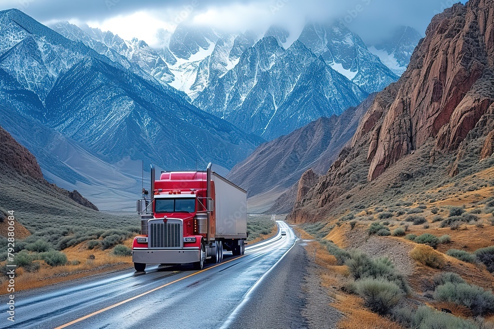 A trucker guiding their semi-truck through a challenging mountain pass, cliffs rising on one side and a sheer drop on the other A trucker guiding their semi-truck through a challenging mountain pass, cliffs rising on one side and a sheer drop on the other
