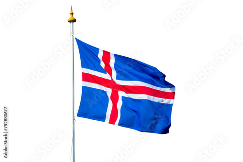 Slika na platnu Photo of an Iceland flag on a pole floating in the wind isolated on white transp