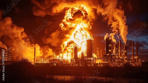 Industrial Accident, Show a factory explosion or fire caused by dangerous chemicals